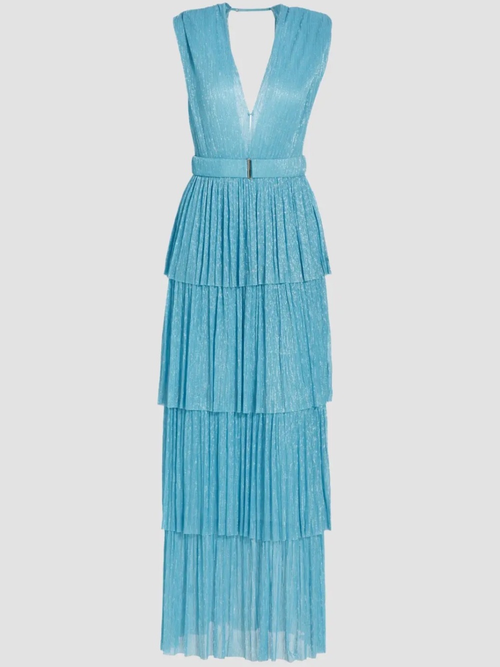Sabina Musayev Skylar Tiered Belted Metallic Gown Sky Blue Silver *No Belt*